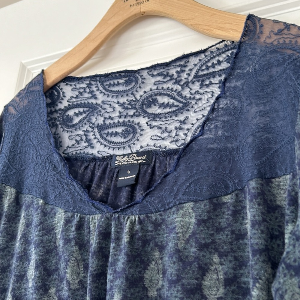 Lucky Brand Peasant Blouse w Sheer Mesh Lace Bodice & Sleeves Navy  & Sage Green